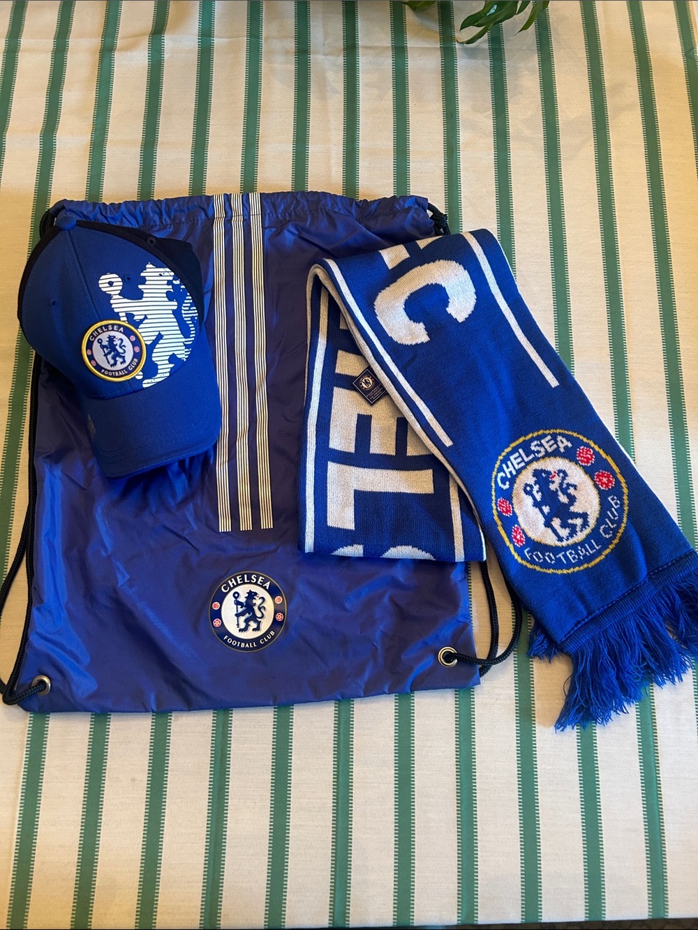 Chelsea Football Club Scarf, Hat, String Backpack Bundle